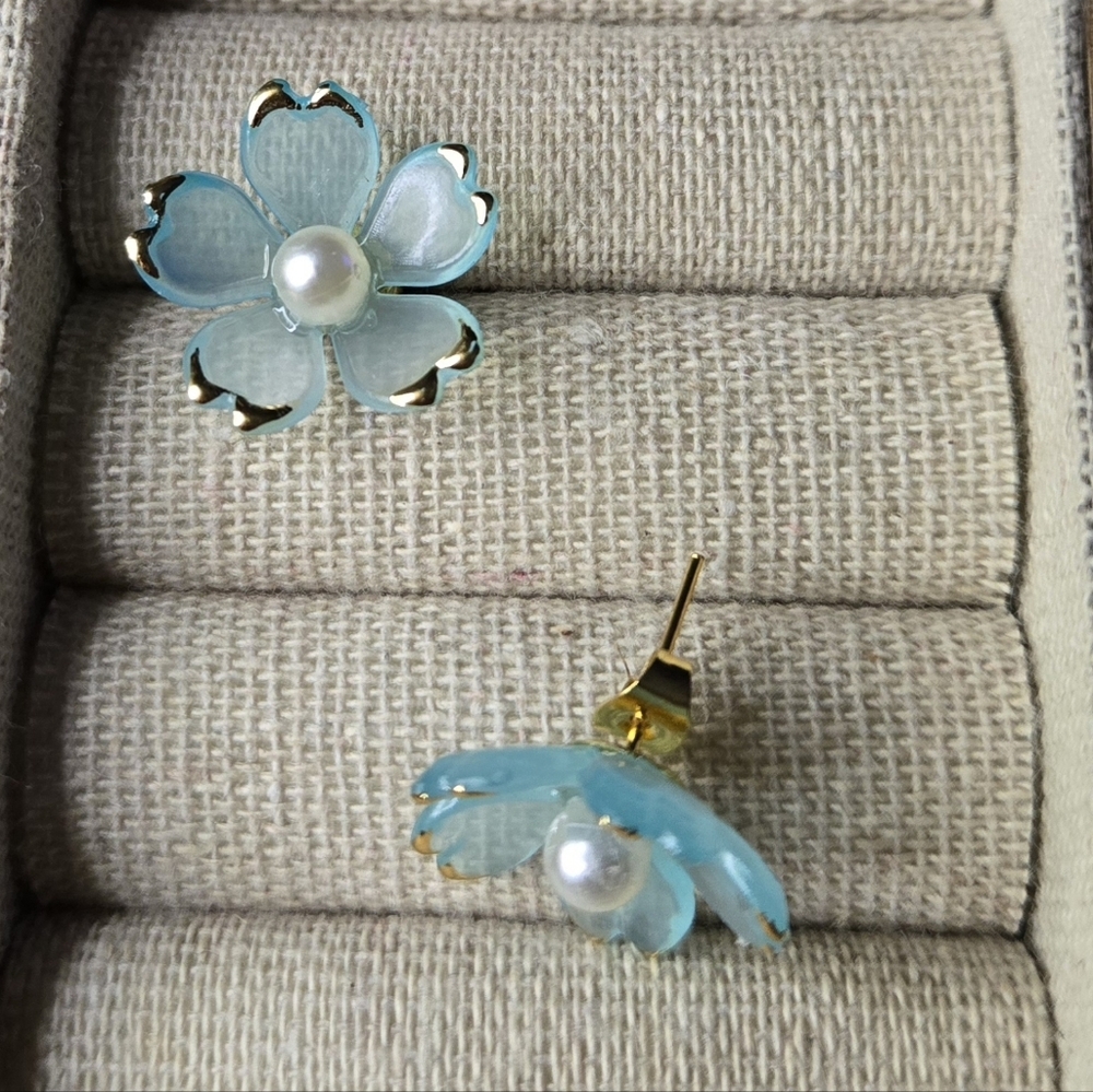 Blue and Gold Floral Earrings